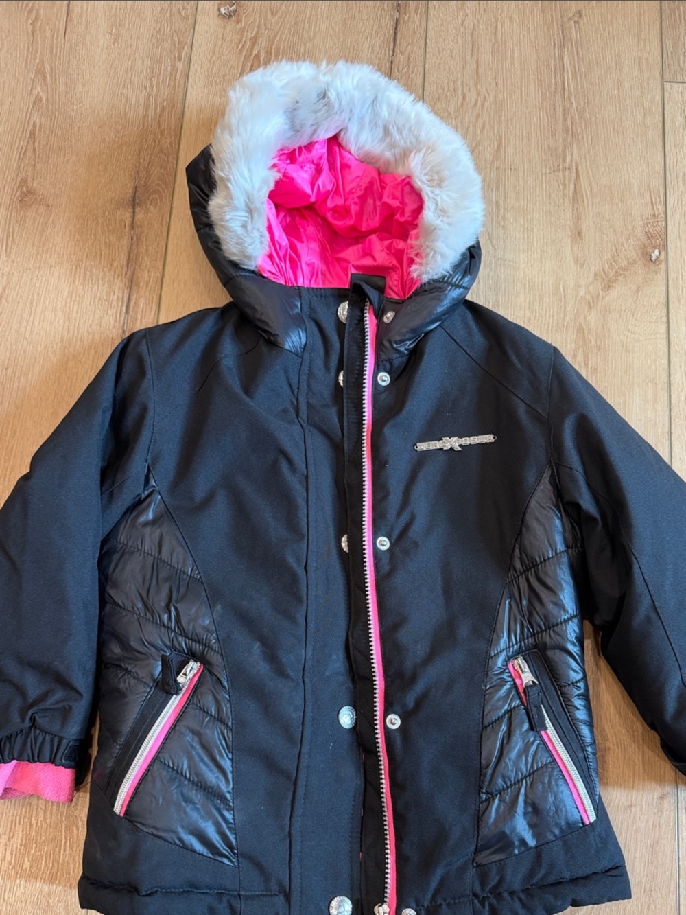 ZeroXposur Black Jacket with Pink Lining and White Faux Fur Hood